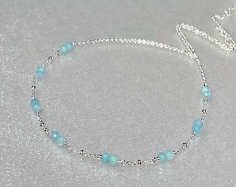 Dainty larimar choker, delicate larimar necklace, blue gemstone jewelry, genuine Caribbean blue larimar, teenager beaded station necklace
