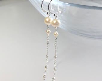 Pearl drop earrings, June birthstone pearl, classic white pearl chain earrings, bridal wedding pearl dangle earrings, long pearl earrings