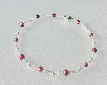 Red garnet bracelet, wine red gemstone bracelet, dainty red beaded bracelet, women layering bracelet, genuine garnet January birthstone gift