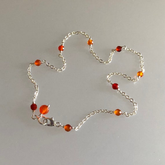 Dainty carnelian ankle bracelet, shaded carnelian anklet, summer ankle jewelry, minimalist sterling silver chain anklet, orange stone anklet
