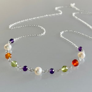 Genuine gemstone and pearl choker, multi birthstone necklace, sterling silver mixed colour gemstone necklace peridot, amethyst, carnelian