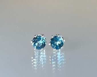 London blue topaz stud earrings, genuine teal blue topaz earrings, 5mm blue topaz studs, minimalist, December blue gemstone post earrings