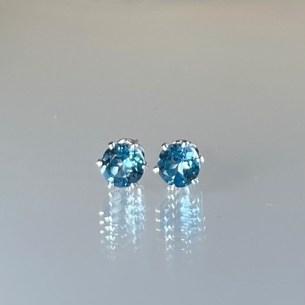 London blue topaz stud earrings, genuine teal blue topaz earrings, 5mm blue topaz studs, minimalist, December blue gemstone post earrings