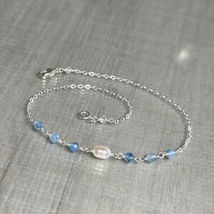 Aquamarine and pearl anklet, shaded aquamarine gemstone ankle bracelet, sterling silver chain anklet, dainty blue bridal ankle jewelry image 4