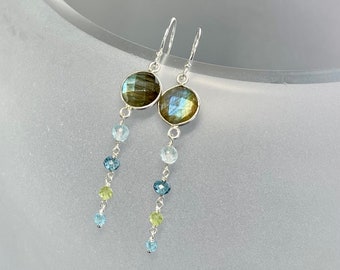Labradorite and blue topaz earrings, long labradorite earrings, fun flirty silver earrings, framed labradorite jewelry, dangle drop earrings