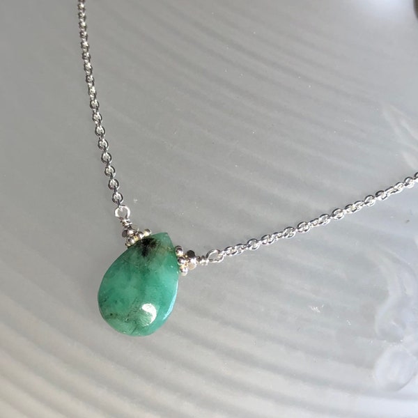 Natural emerald necklace, genuine emerald jewelry, May birthstone, shaded raw emerald, green gemstone, minimalist, real emerald gift, dainty