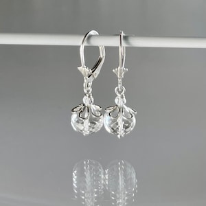 Rock crystal earrings, clear crystal quartz earrings, short dangle drop earrings, minimalist sterling silver lever back earrings, April gems