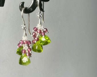 Green quartz with garnet cluster earrings, mixed gemstone earrings, dangle green crystal quartz earrings, silver vineyard green pink earring