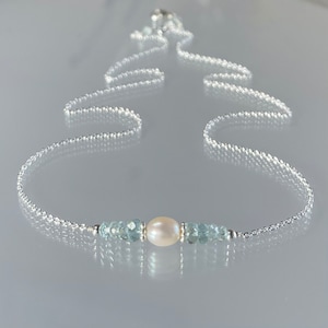 Aquamarine and pearl necklace, genuine aquamarine gemstone jewelry, aquamarine & pearl choker, March June birthstone necklace gift for her