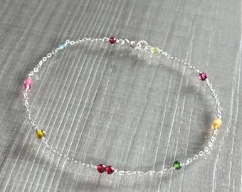 Dainty watermelon tourmaline anklet, coloured gemstone anklet, delicate ankle jewelry, women minimalist sterling silver chain ankle bracelet