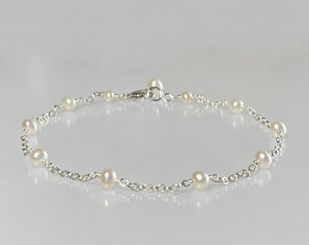 Dainty pearl bracelet, June birthstone, genuine freshwater pearl, natural pearl chain bracelet, sterling silver wedding bridal bracelet