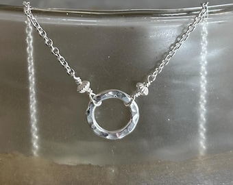 Karma circle necklace, 925 silver ring necklace, karma necklace, hammered circle pendant, wholeness, eternity sterling silver necklace gift