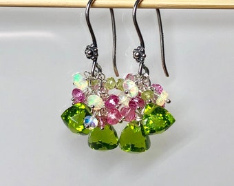 Green gemstone earrings, parrot green jewelry, natural opal earrings, pink topaz earring, gemstone cluster earrings, green quartz jewelry