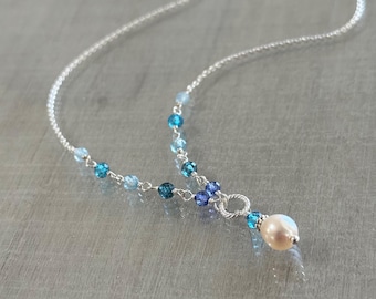 Multi gemstone necklace, mixed gemstone pearl necklace, genuine gemstone layering necklace, blue gemstone choker, pearl drop necklace gift
