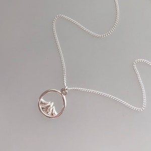 Mountain range necklace, sterling silver mountaineer charm, dainty hill charm, mountain in circle pendant, small circle mountain necklace