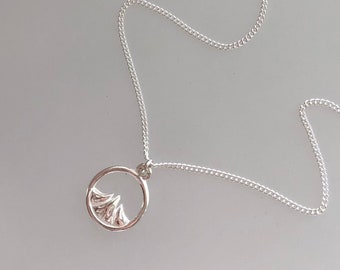 Mountain range necklace, sterling silver mountaineer charm, dainty hill charm, mountain in circle pendant, small circle mountain necklace