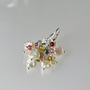 Tourmaline pearl earrings, lever back earrings, watermelon tourmaline cluster earrings, keshi freshwater pearl gemstone cluster earrings