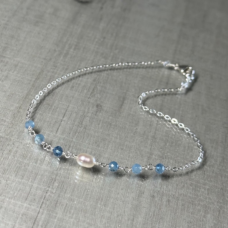 Aquamarine and pearl anklet, shaded aquamarine gemstone ankle bracelet, sterling silver chain anklet, dainty blue bridal ankle jewelry image 5