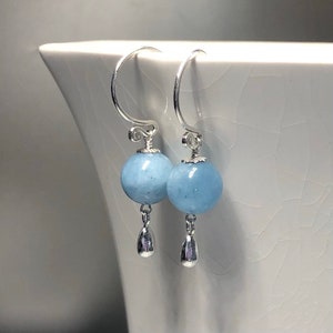 Aquamarine drop earrings, genuine blue aquamarine, blue gemstone dangle earrings, March birthstone jewelry gift, simple gemstone earrings