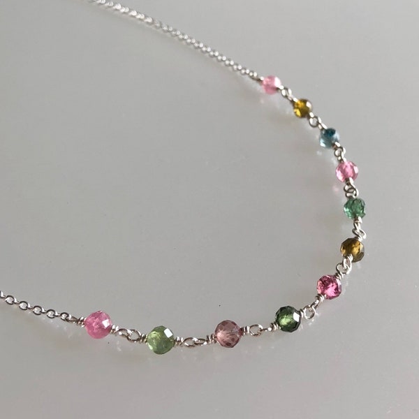 Watermelon tourmaline necklace, October birthstone, rainbow ombre gemstones, women beaded necklace, delicate tourmaline jewelry