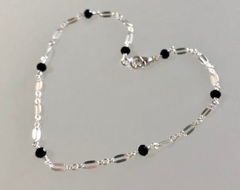 Dainty black tourmaline anklet, black gemstone beaded ankle jewelry, summer jewelry, 925 silver, delicate women anklet, protection stone