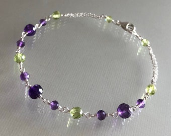 Amethyst peridot bracelet, February August birthstones, genuine multi gemstone jewelry, purple amethyst bracelet, purple and green gemstones
