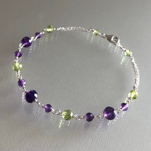 Amethyst peridot bracelet, February August birthstones, genuine multi gemstone jewelry, purple amethyst bracelet, purple and green gemstones