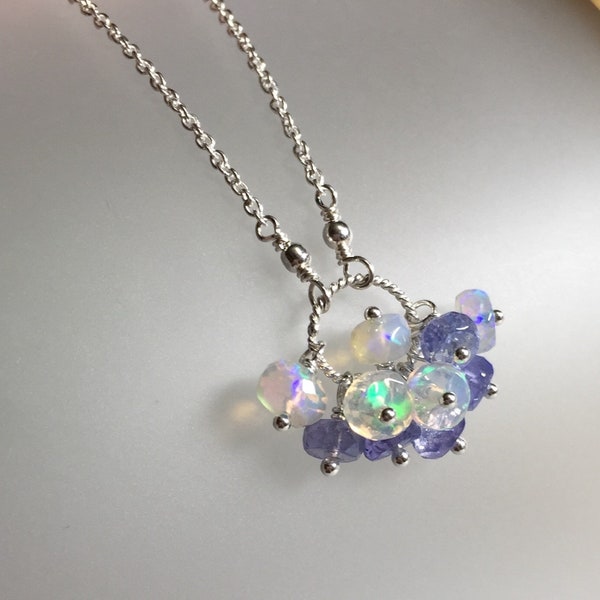 Tanzanite and opal necklace, natural fire opal choker, opal pendant, anniversary gift, natural gemstone jewelry, October December birthstone