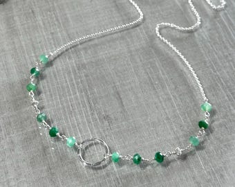 Green jade necklace with eternity circle charm, sterling silver beaded green gemstone choker gift, genuine African jade, textured circle