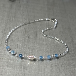 Aquamarine and pearl anklet, shaded aquamarine gemstone ankle bracelet, sterling silver chain anklet, dainty blue bridal ankle jewelry image 8