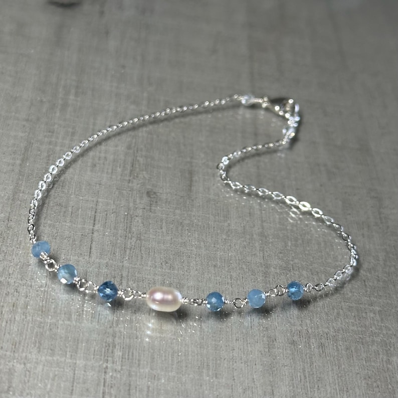 Aquamarine and pearl anklet, shaded aquamarine gemstone ankle bracelet, sterling silver chain anklet, dainty blue bridal ankle jewelry image 8