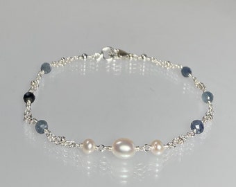 Genuine blue sapphire and pearl bracelet, June September birthstone jewelry, women dainty pearl and blue gemstone silver chain bracelet gift