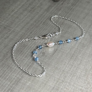 Aquamarine and pearl anklet, shaded aquamarine gemstone ankle bracelet, sterling silver chain anklet, dainty blue bridal ankle jewelry image 10