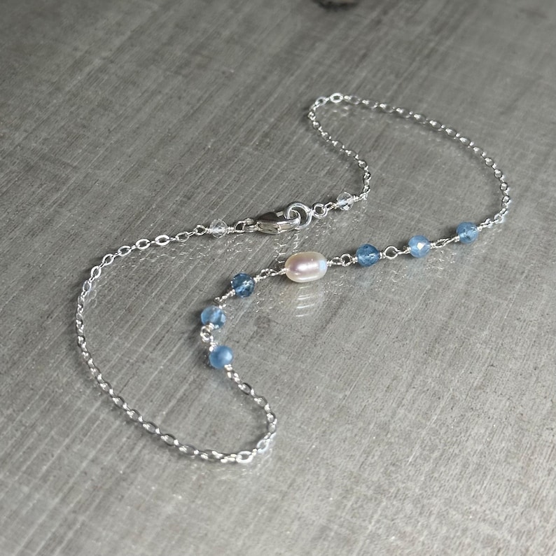 Aquamarine and pearl anklet, shaded aquamarine gemstone ankle bracelet, sterling silver chain anklet, dainty blue bridal ankle jewelry image 10