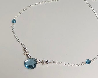 Genuine London blue topaz necklace, dainty December birthstone necklace, blue topaz choker, blue gemstone heart jewelry, semi precious stone