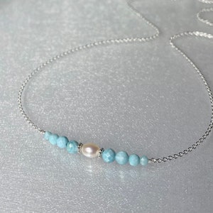 Dainty larimar and pearl necklace, delicate larimar bar necklace, blue gemstone jewelry, genuine Caribbean blue larimar, women necklace gift