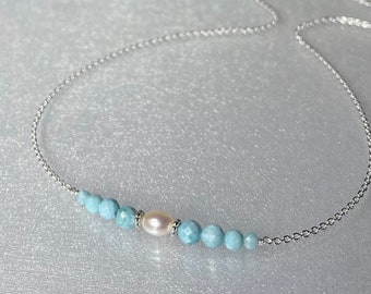 Dainty larimar and pearl necklace, delicate larimar bar necklace, blue gemstone jewelry, genuine Caribbean blue larimar, women necklace gift