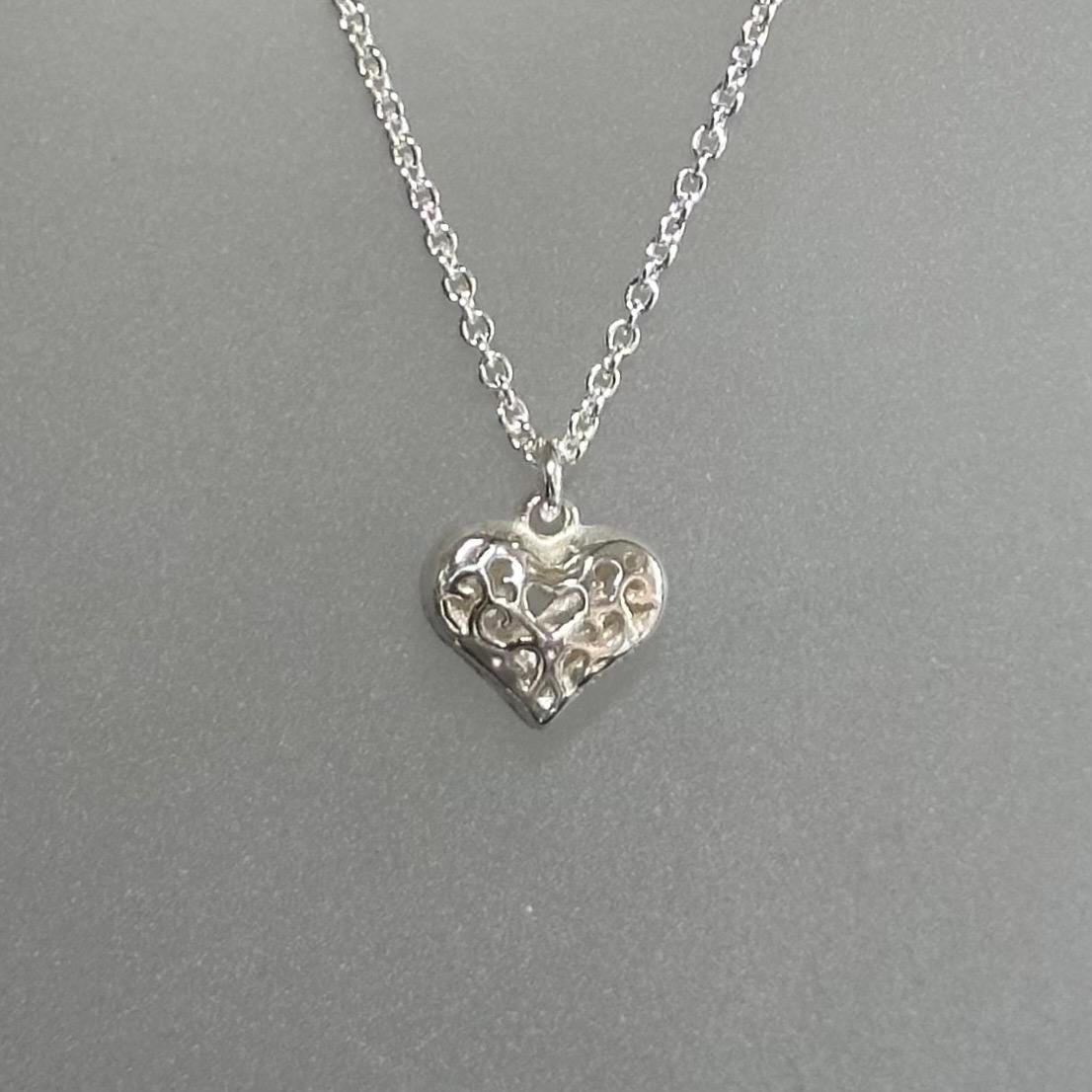 Sterling Silver Heart Necklace, Dainty Filigree Heart