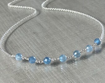 Dainty aquamarine choker, genuine blue aquamarine necklace, natural santa maria aquamarine jewelry, handmade March birthstone necklace gift