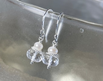 Rock crystal and pearl earrings, short crystal quartz drop earrings, clear quartz dangle earrings, simple everyday sterling silver earrings