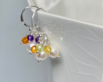 Gemstone and pearl cluster earrings, multi gemstone cluster earrings, keshi freshwater pearl gemstone earrings, mixed gemstone jewelry gift