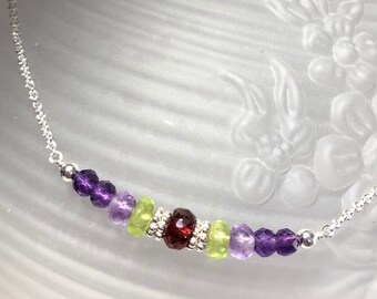 Multi gemstone necklace, dainty mixed gemstone bar choker, February August birthstone necklace, amethyst peridot, genuine gemstone jewelry