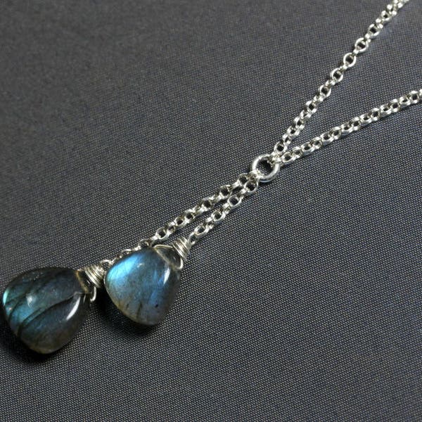 Collar de doble labradorita, collar de lazo en Y, piedra gris azulada, colgante de labradorita gemela, plata de ley, piedra preciosa piramidal, regalo para ella