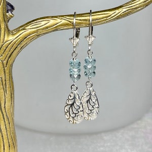 Sterling Silver Genuine Pear Aquamarine Filigree Lever Back Earrings Sterling Silver Genuine Pear Aquamarine Filigree Lever Back Earrings