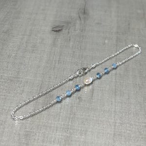 Aquamarine and pearl anklet, shaded aquamarine gemstone ankle bracelet, sterling silver chain anklet, dainty blue bridal ankle jewelry image 2