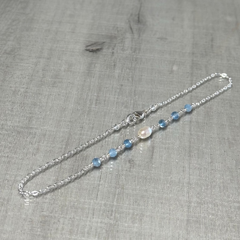 Aquamarine and pearl anklet, shaded aquamarine gemstone ankle bracelet, sterling silver chain anklet, dainty blue bridal ankle jewelry image 2