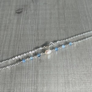 Aquamarine and pearl anklet, shaded aquamarine gemstone ankle bracelet, sterling silver chain anklet, dainty blue bridal ankle jewelry image 7