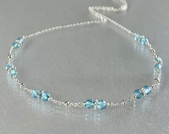 Dainty blue topaz choker necklace, December birthstone blue gemstone jewelry, minimalist sky blue topaz necklace, topaz beaded silver chain
