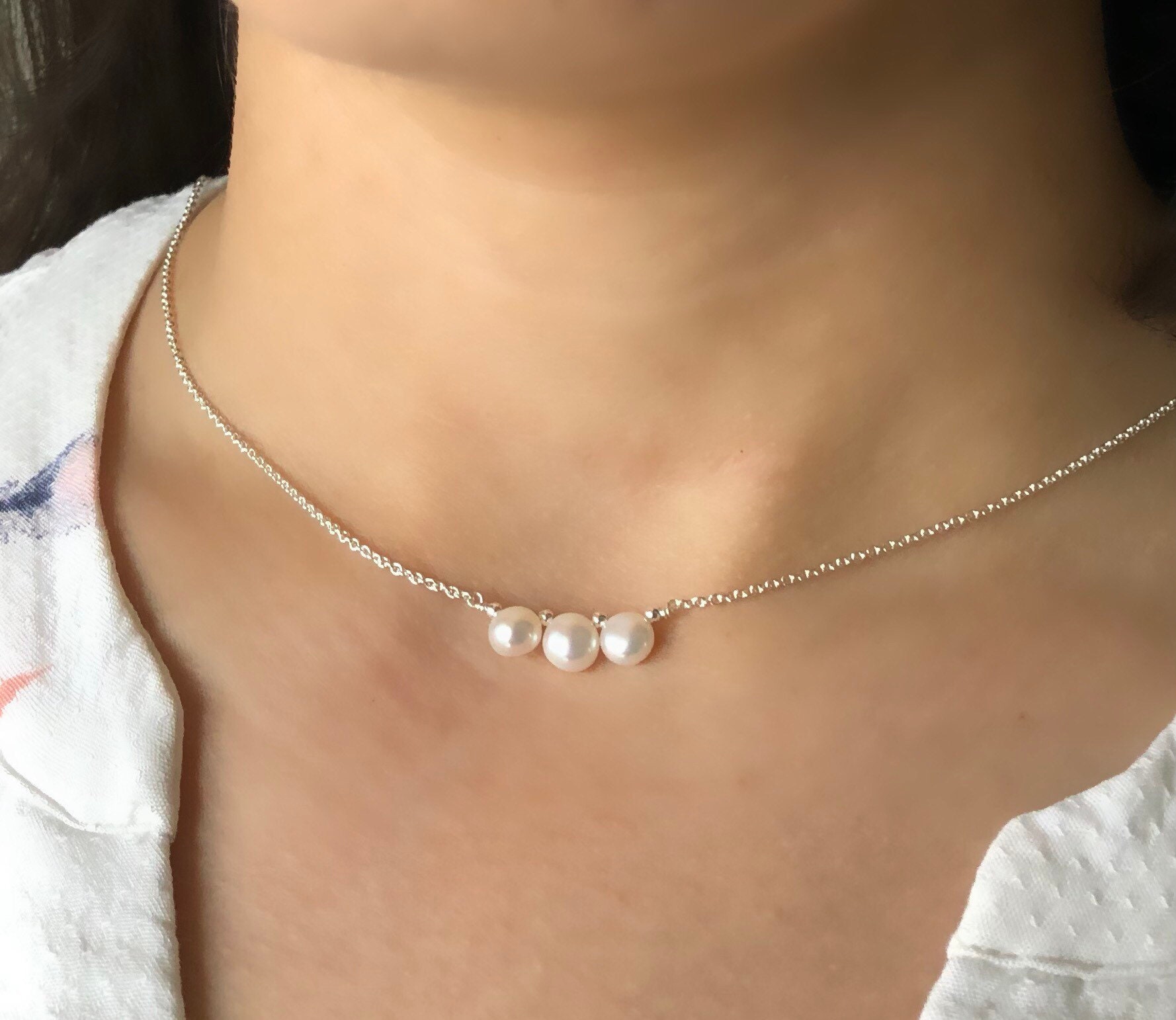 Dainty Triple Pearl Necklace, Genuine Pearl Choker, White