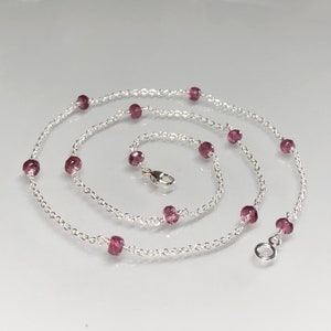 Genuine pink garnet necklace, pink gemstone necklace, pink garnet choker, rhodolite garnet station necklace, minimalist, thin layering chain